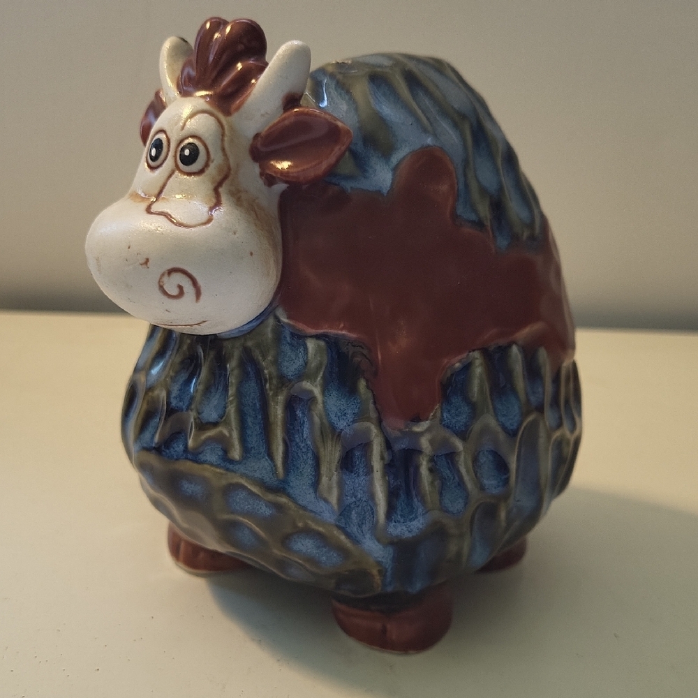 Ceramic Cow Figurine - Blue and Brown